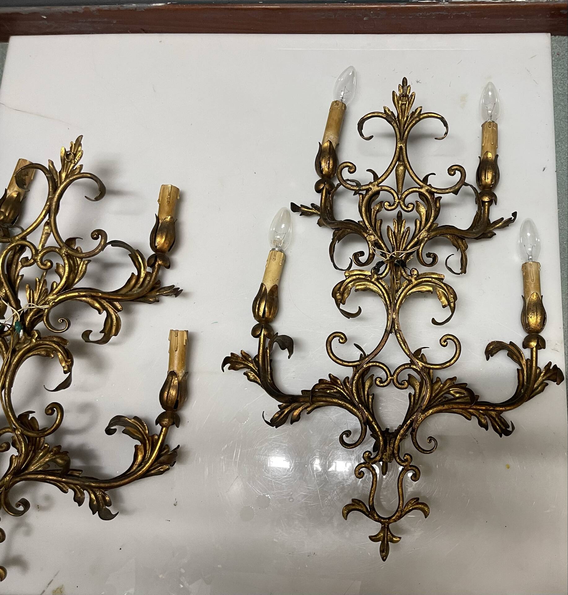 Large Italian Tole Gold Gilded Sconces Set of 2  1960’s 