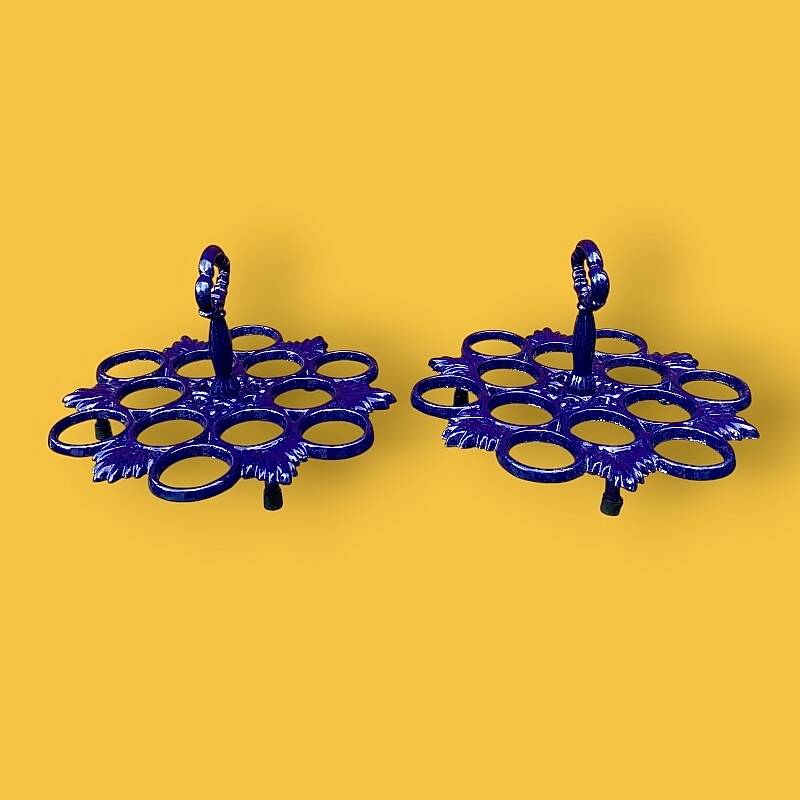 Pair of antique blue enamelled cast iron egg stands - 1960s