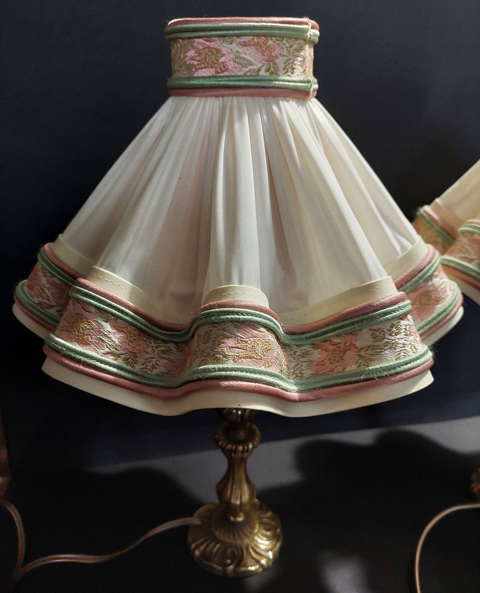 Pair of vintage bedside lamps with brass petticoat shades, 20th century