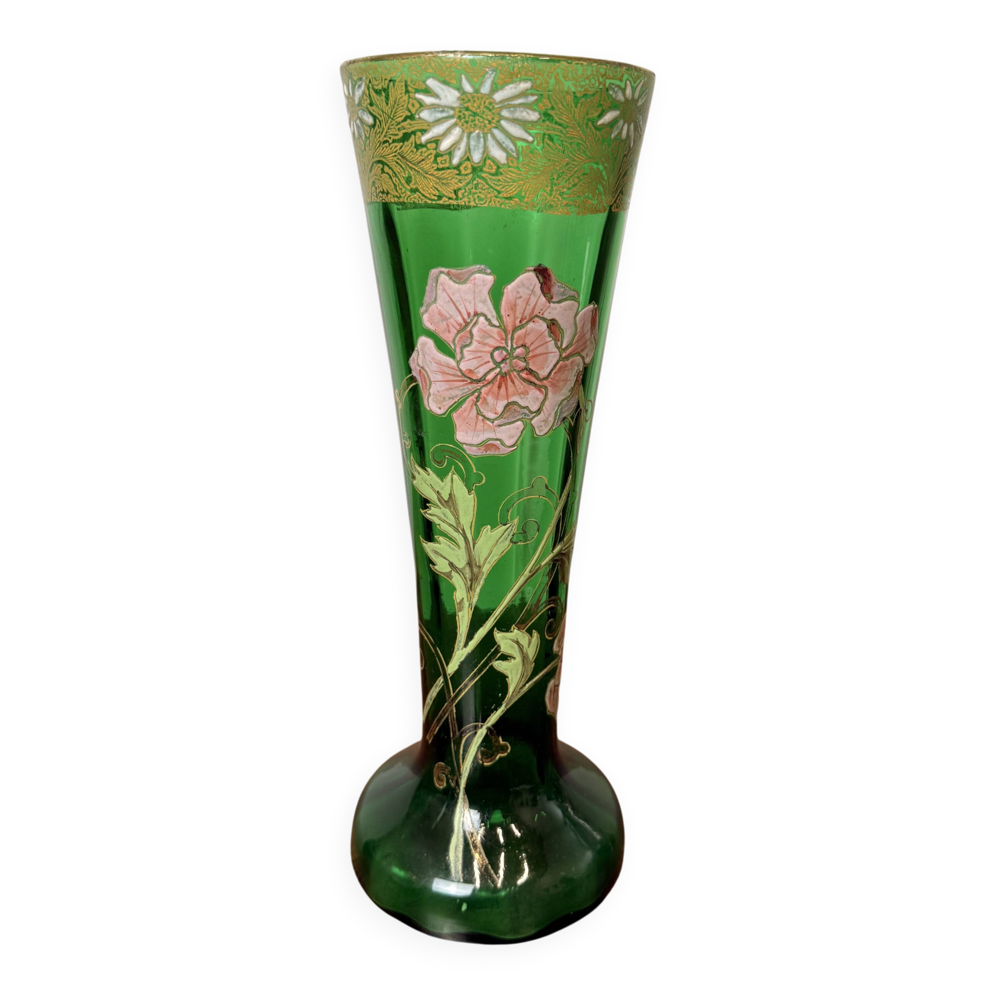 Antique Legras vase – Emerald green glass with floral gold enamel – Art Nouveau