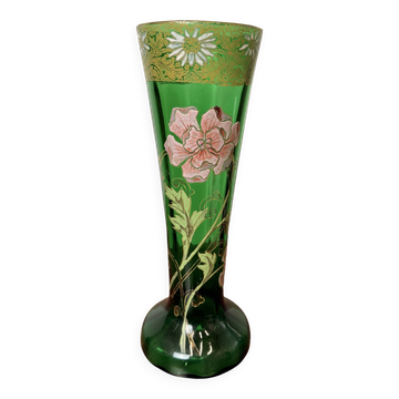 Antique Legras vase – Emerald green glass with floral gold enamel – Art Nouveau