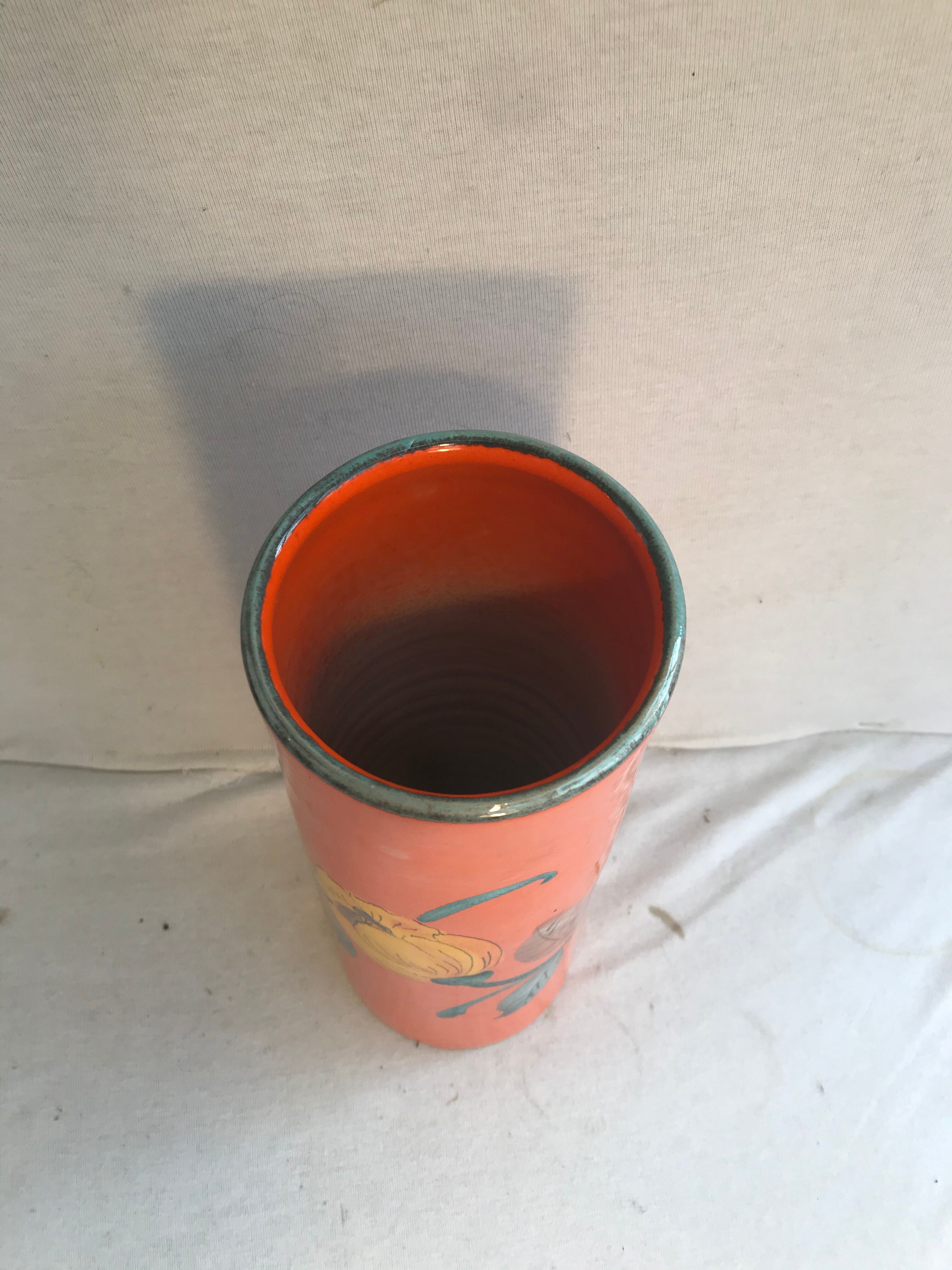Ancient orange ceramic roll vase drawing flowers made in Italy vintage