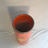 Ancient orange ceramic roll vase drawing flowers made in Italy vintage
