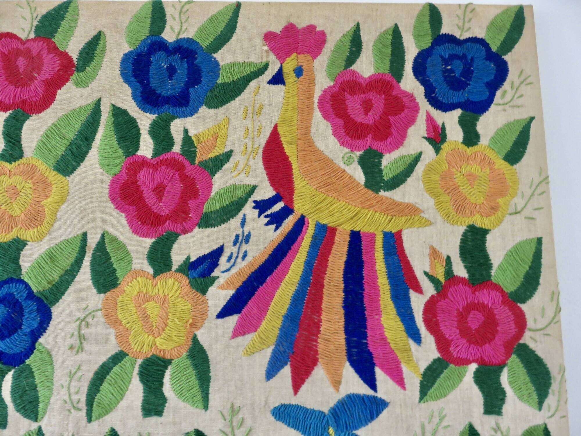 Large Mexican tapestry OTOMI TENANGO, colourful flowers and birds, 1970