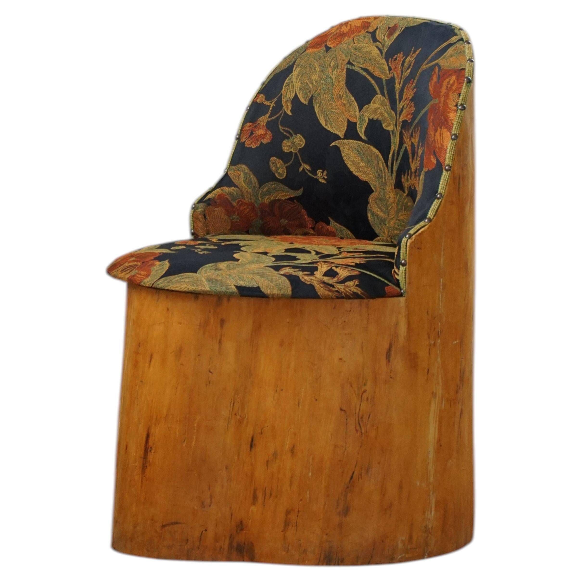 Swedish stump chair / "Kubstol" in pine and floral upholstery, mid-20th century