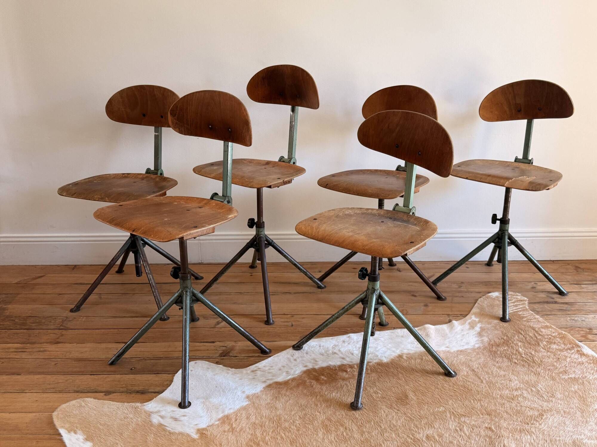 Set of 6 Antique Industrial Wooden and Metal Workshop Chairs