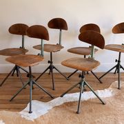 Set of 6 antique industrial workshop chairs in wood and metal.