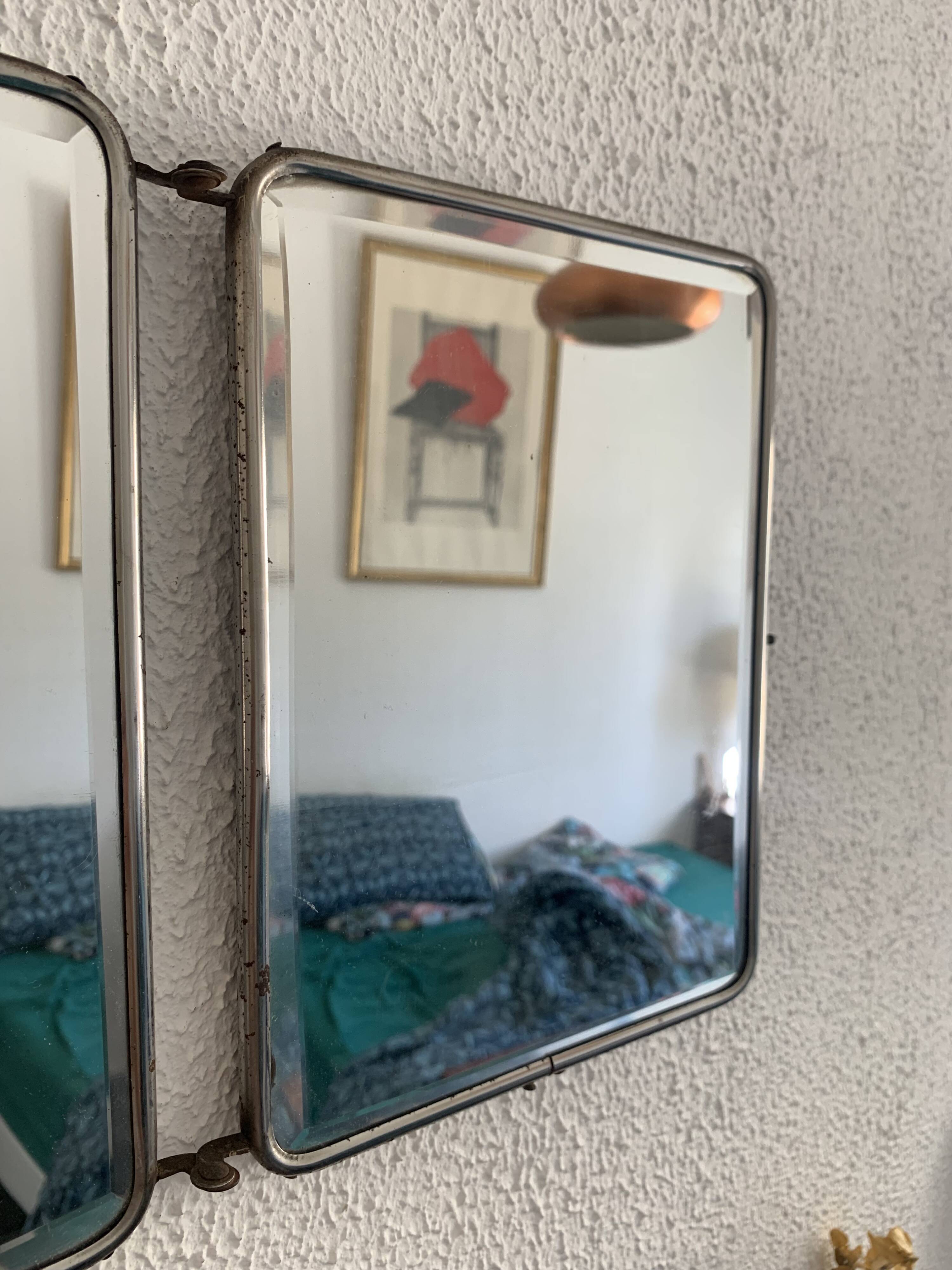 Miroir vintage 1950 triptyque barbier biseauté canard - 24 x 58 cm