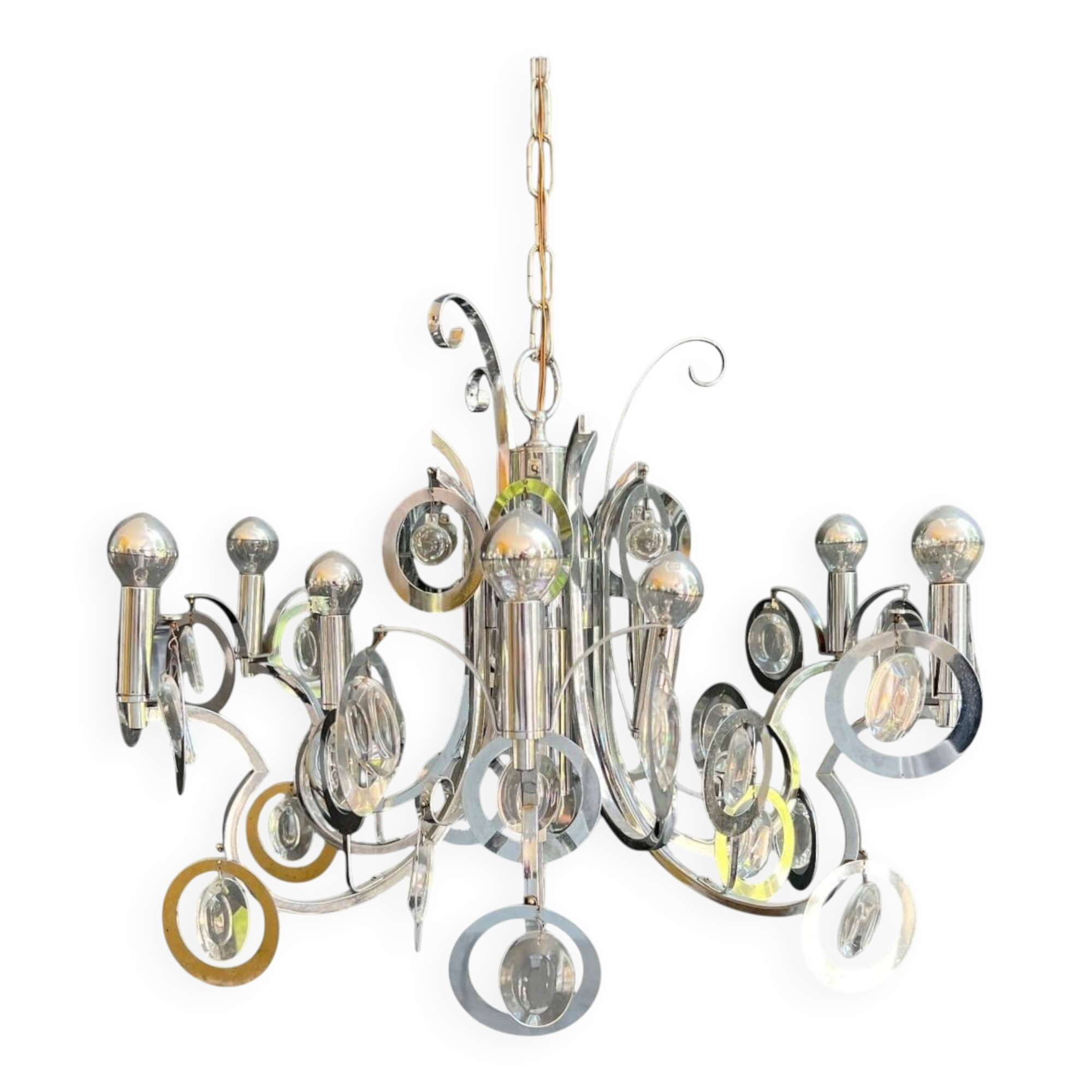 Chrome Metal Design with Swirls and Optical Glass Lenses. Tra