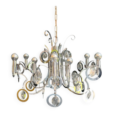 Lustre Design en Métal Chromé à Volutes et Lentilles Optiques en Verre. Tra