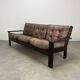 Living room sofa and brutalist armchairs in leather and wood, 70s, chalet style