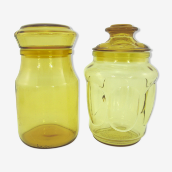 2 bocaux en verre jaune ambré - pots style apothicaire - vintage années 70