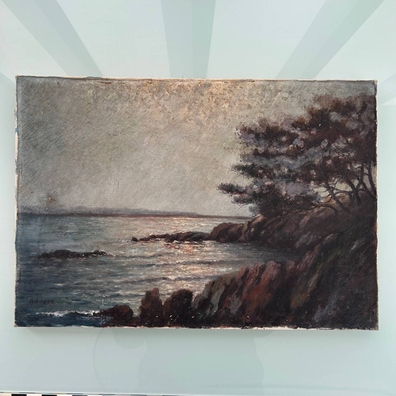 Old painting of sunrise over the sea