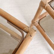Pair of bedside tables or side tables, in rattan and smoked glass