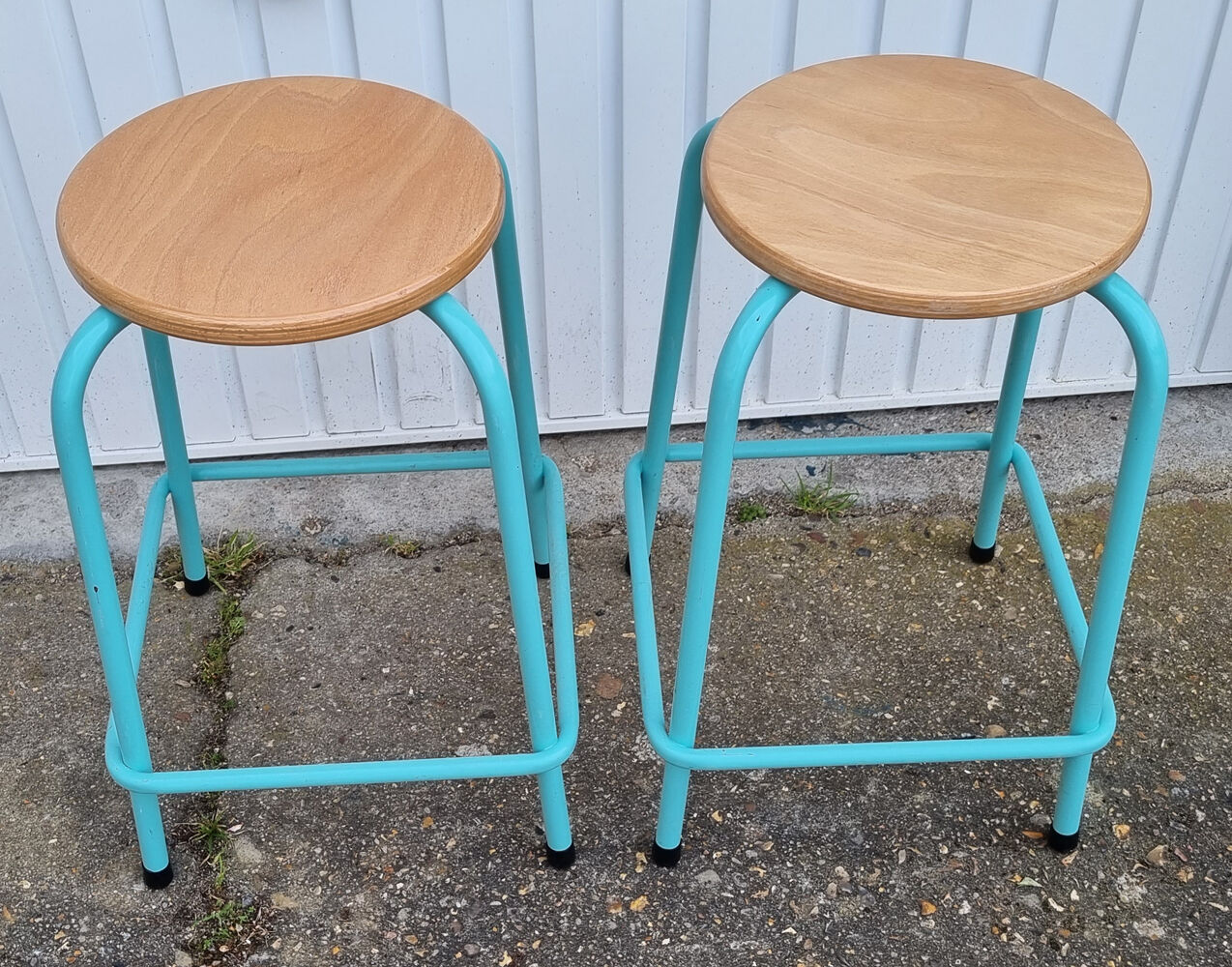 Pair of round stools, industrial, wood and metal, vintage