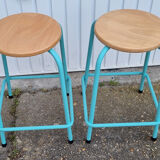 Paire de tabourets ronds, industriels, bois et métal, vintage