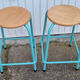 Pair of round stools, industrial, wood and metal, vintage