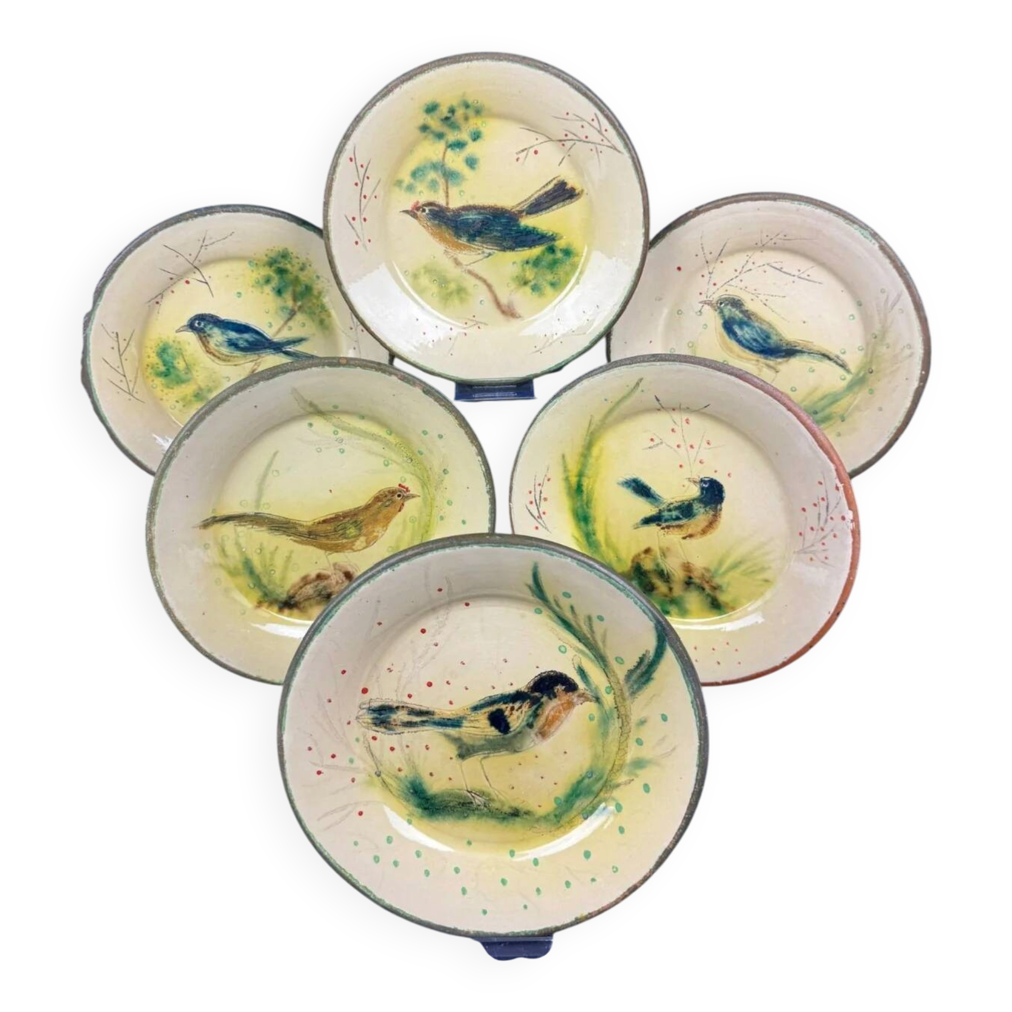 Dessert service signed Costa Diaz, 6 plates, Catalan earthenware 1950.