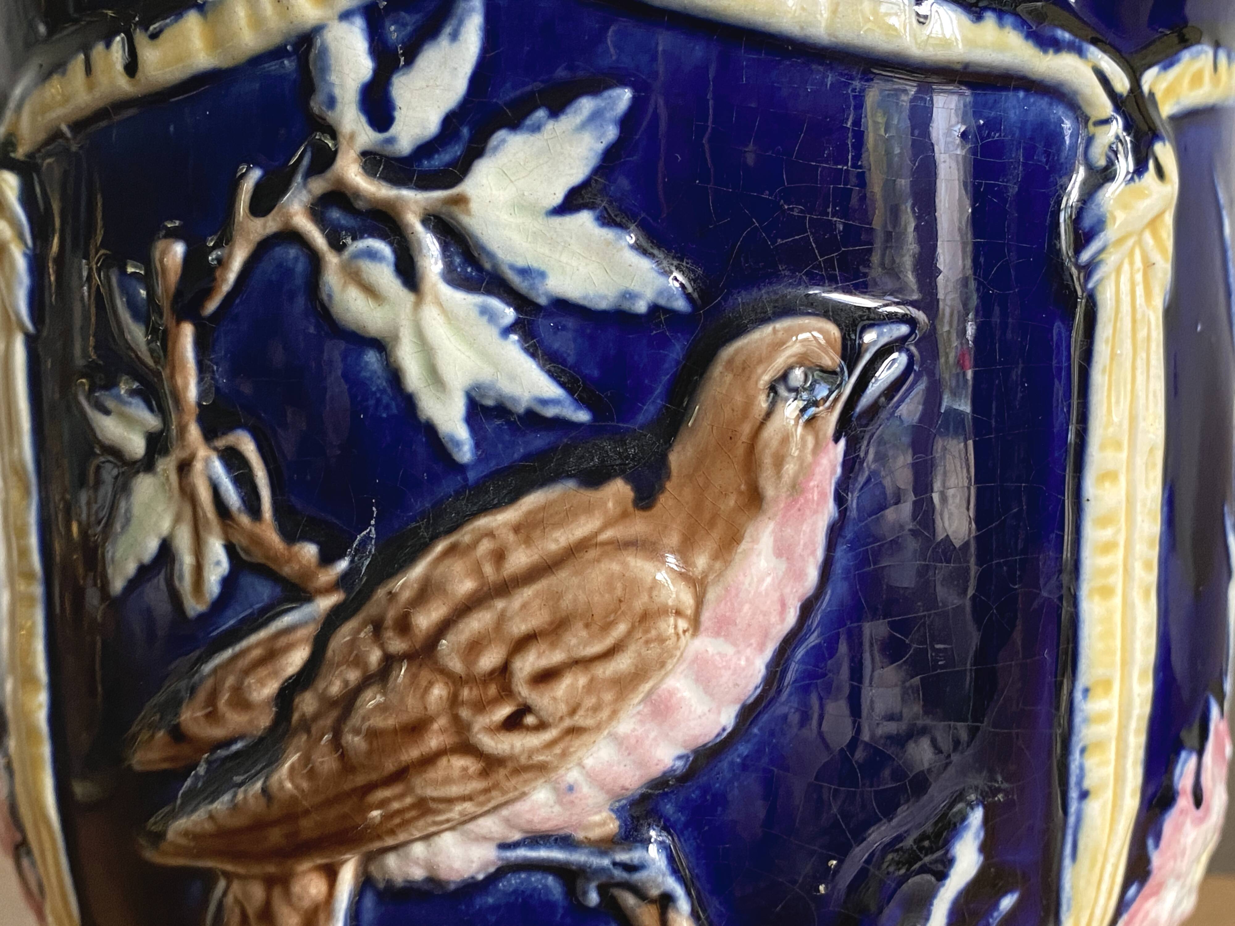 Antique earthenware flowerpot with bird decoration - circa 1900