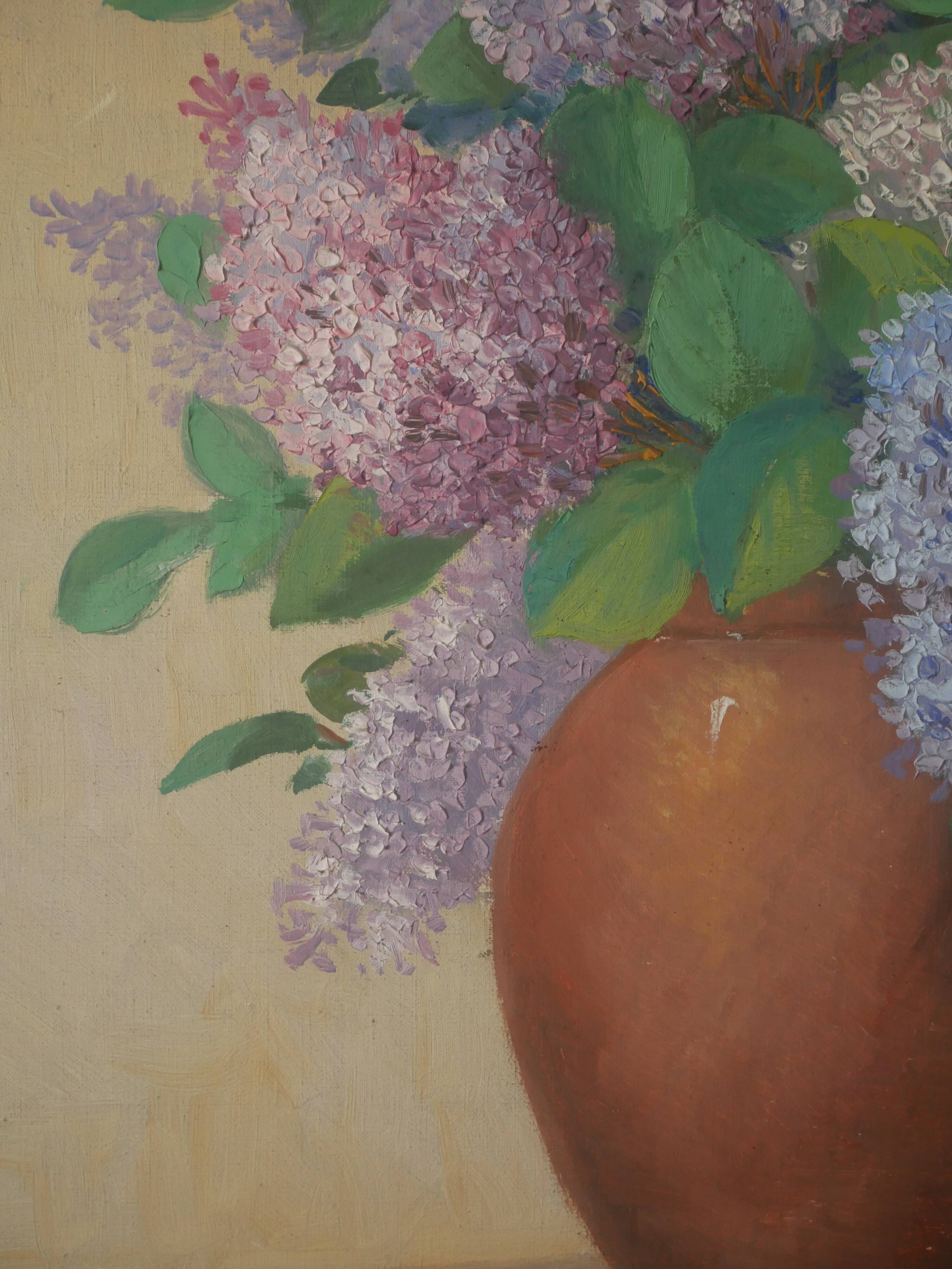 Painting acrylic painting on canvas bouquet lilac flowers decoration countryside old still life