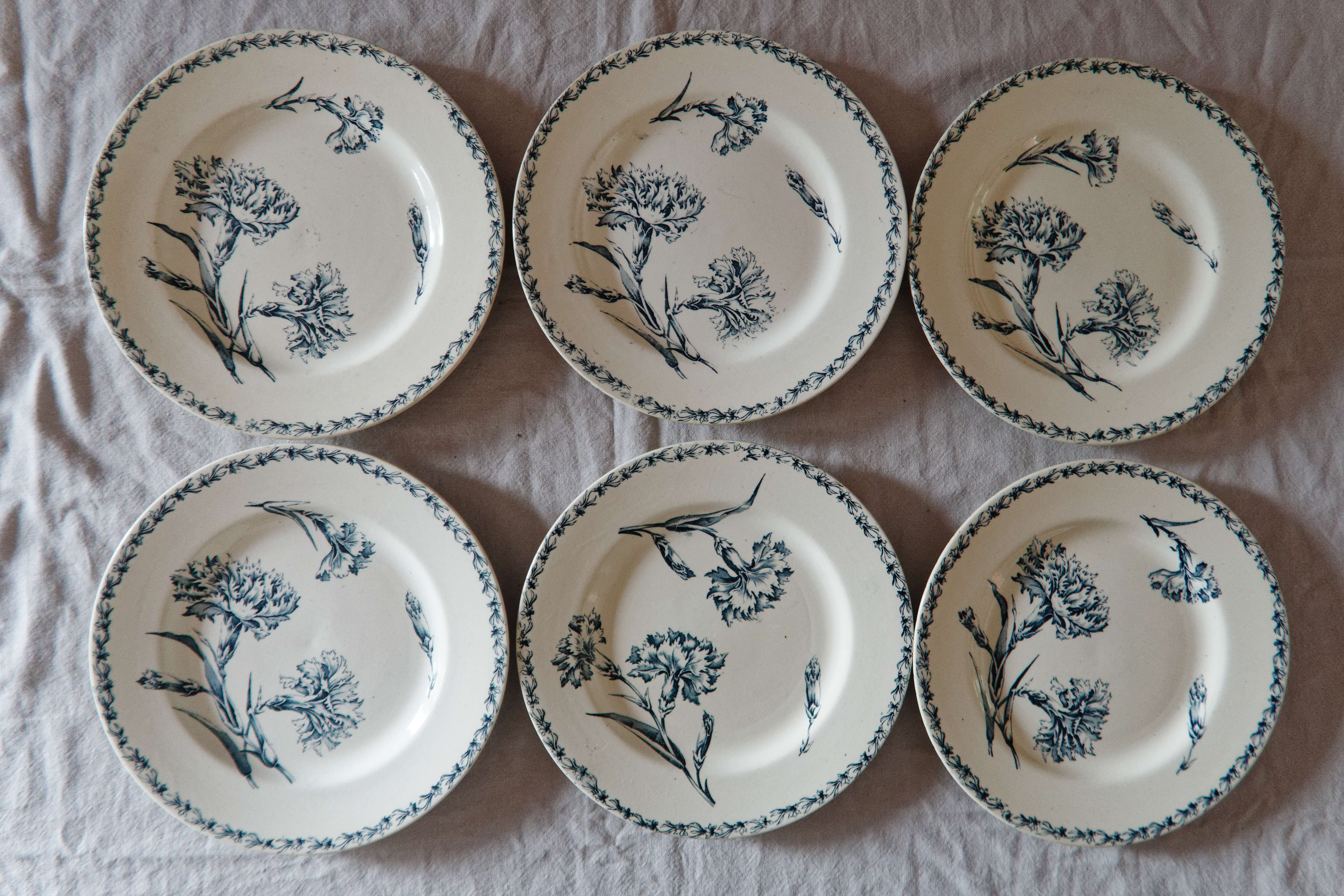 Lot 6 flat plates old iron earth K&G Lunéville Carnations