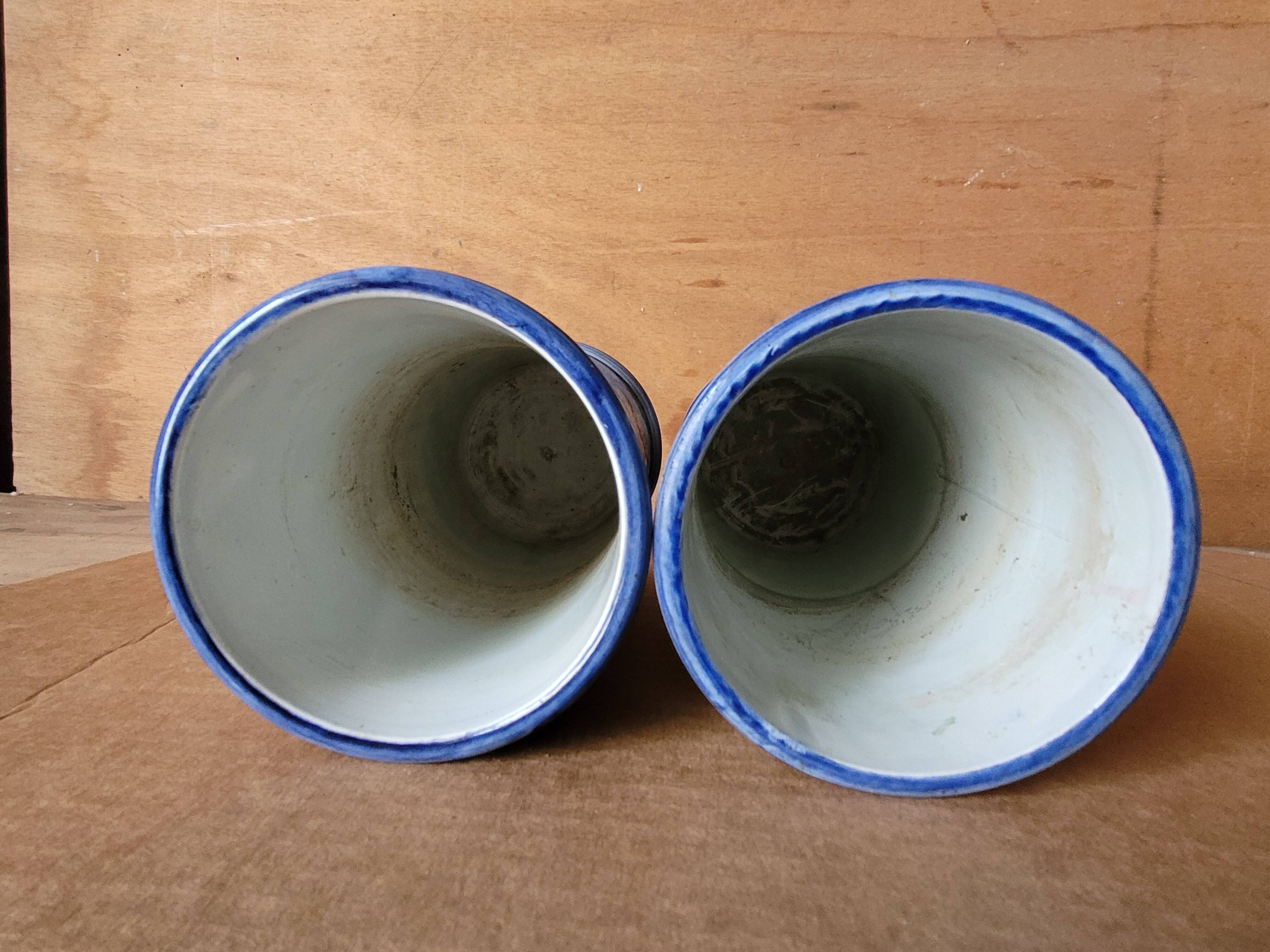 Pair of Gien earthenware roller vases with Rouen decoration