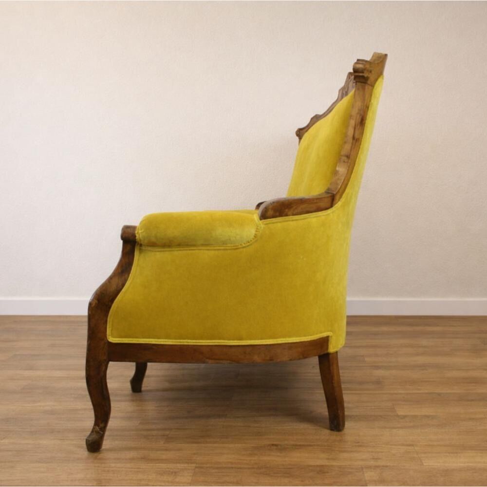 Art Nouveau walnut and mustard velvet sofa
