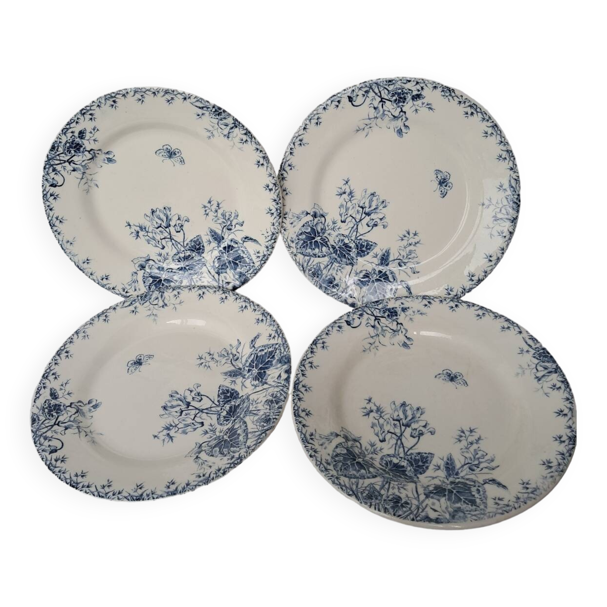 Vintage plates with blue cyclamen pattern, Gien porcelain