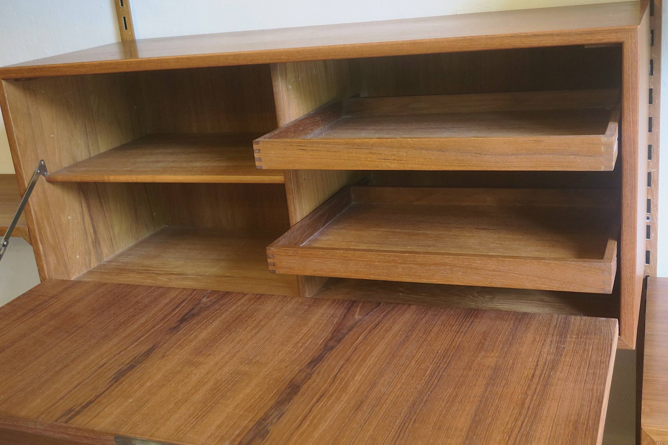 Modular 3-compartment teak wall shelving system with desk and lighting by Kai Kristiansen for FM, Denmark, 1960s