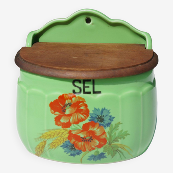 Vintage Ceramic and Wood Salt Box - Rare green color