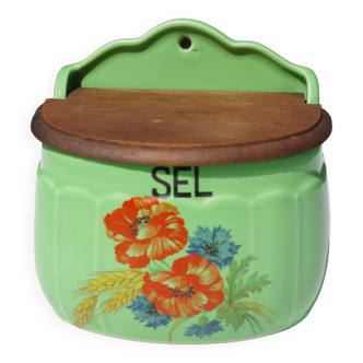 Vintage Ceramic and Wood Salt Box - Rare green color