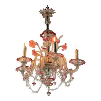 Lustre vénitien en verre de murano incolore et rouge, 6 bras de lumière vers 1880