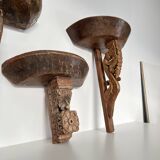Ensemble de 3 appliques consoles murales anciennes, tablettes bois sculpté