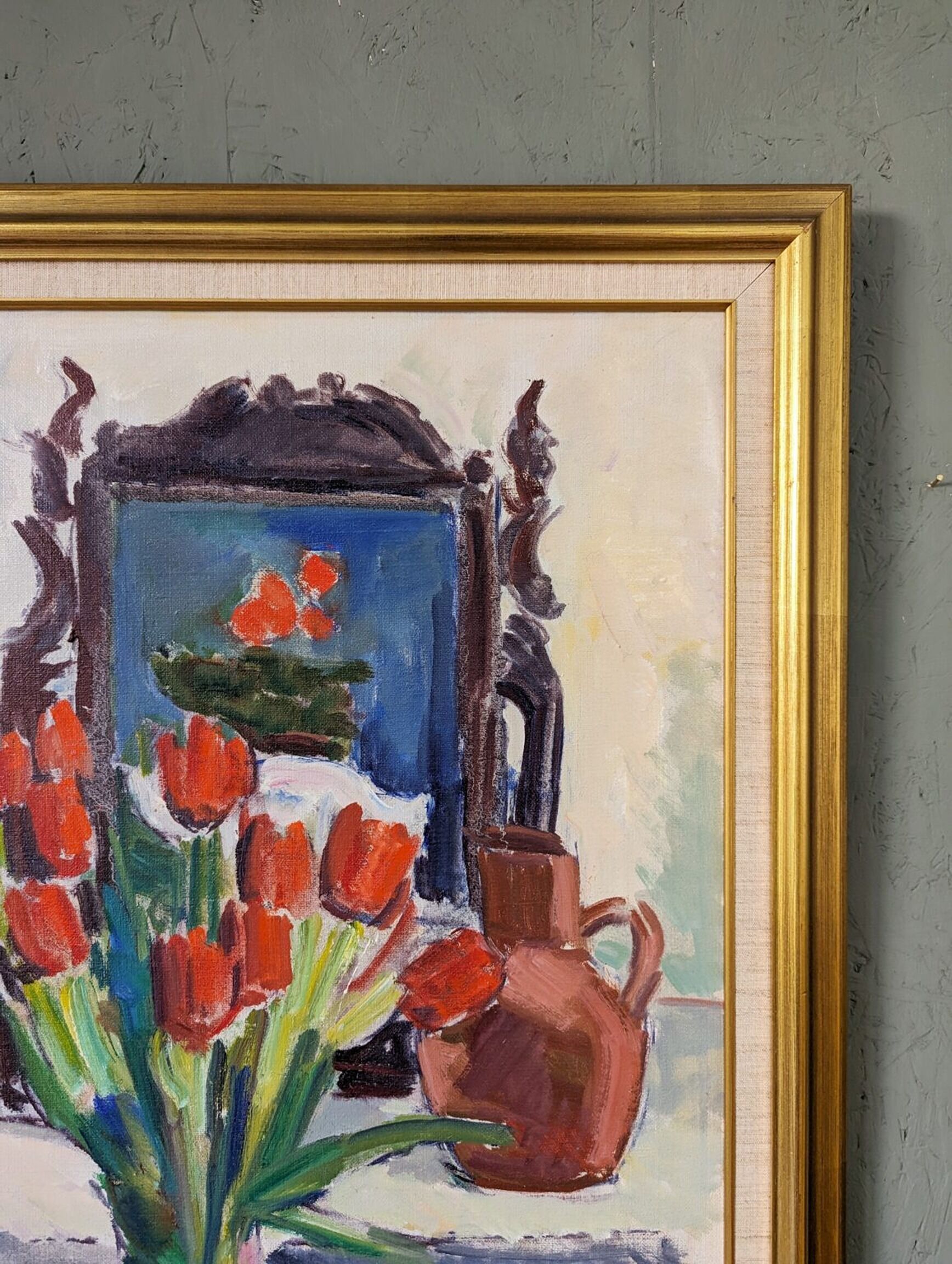Mid-Century Modern "Window Red Tulips", Swedish Interior Still Life Oil Painting, Framed