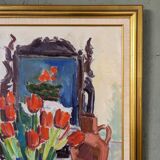 Mid-Century Modern "Window Red Tulips", Swedish Interior Still Life Oil Painting, Framed