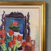Mid-Century Modern "Window Red Tulips", Swedish Interior Still Life Oil Painting, Framed