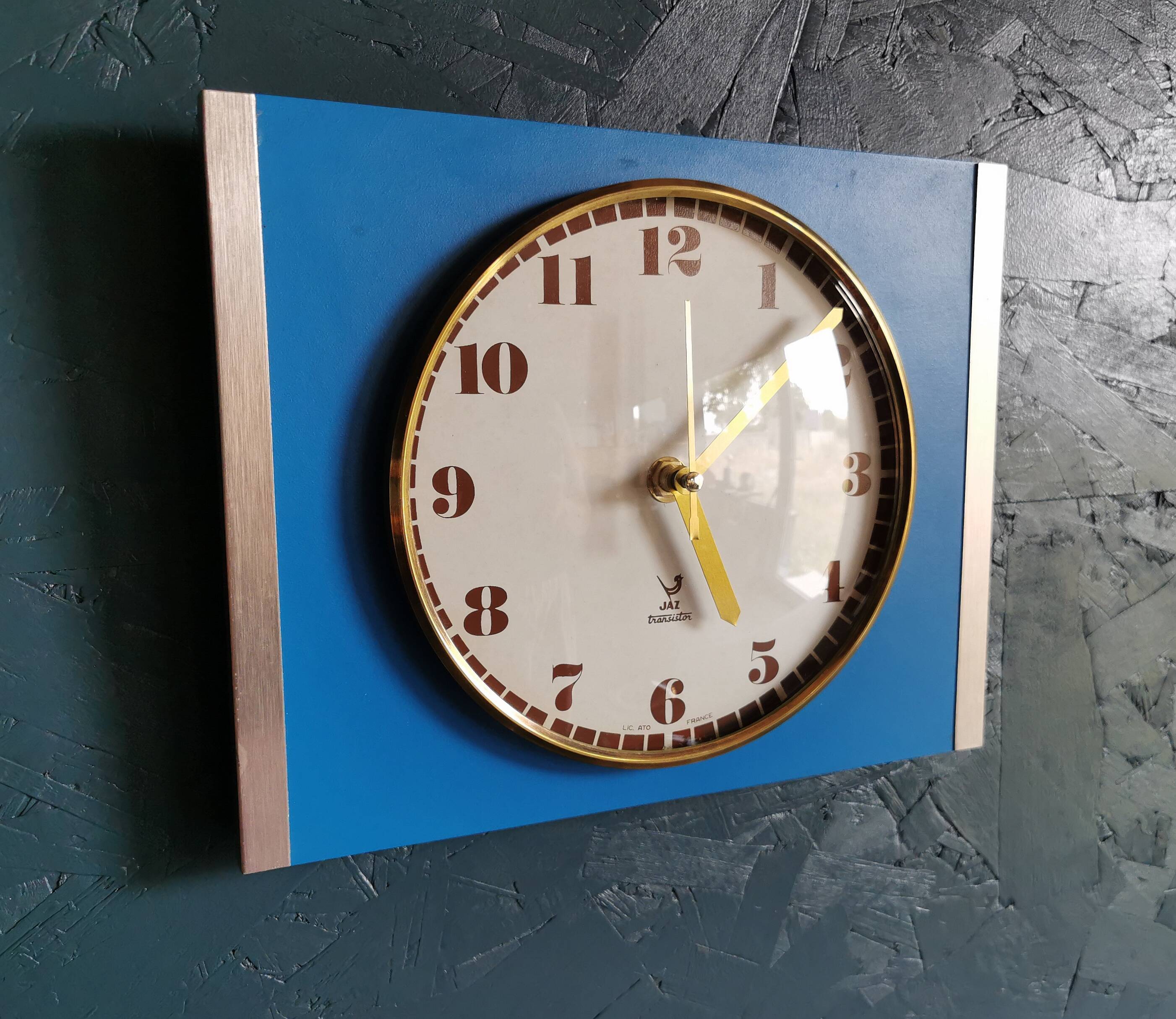 Vintage formica clock rectangular silent wall clock "Jaz golden blue"