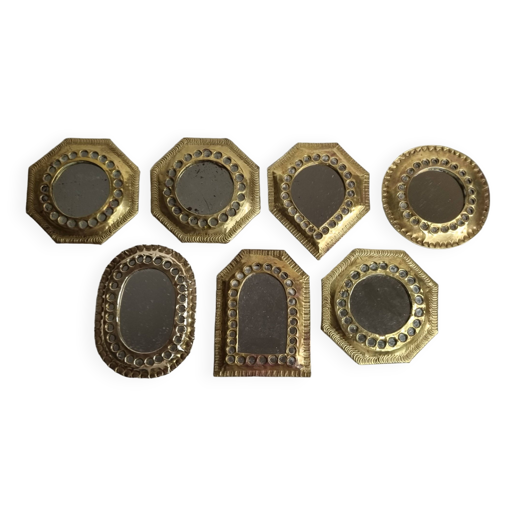 Set of 7 vintage Moroccan openwork brass mirrors