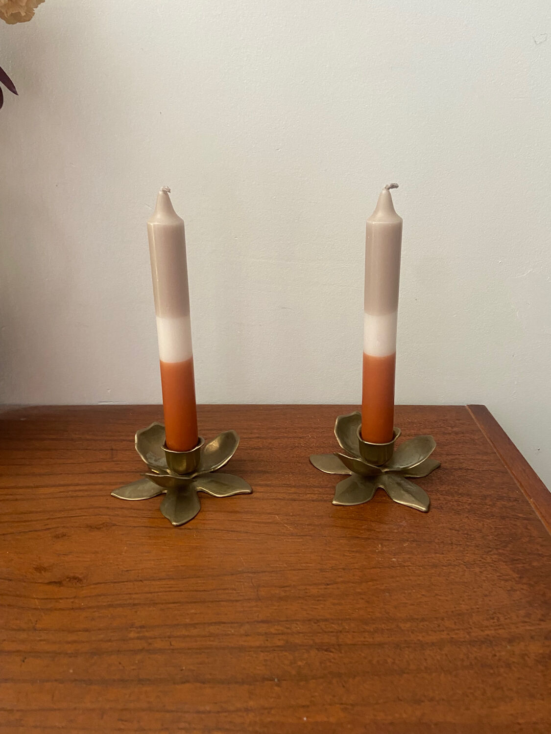 Pair of vintage brass flower candlesticks
