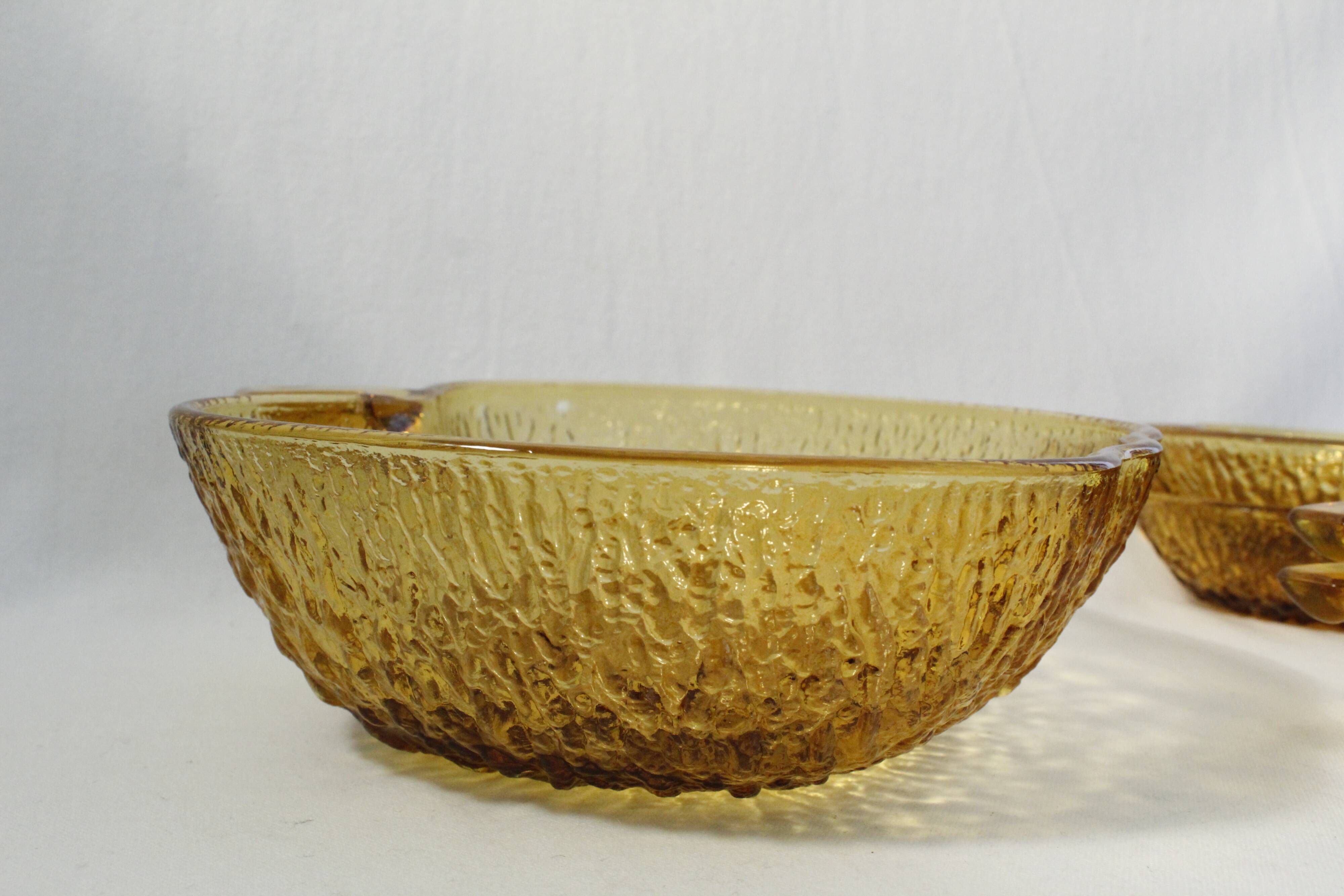 Salad bowl set and 4 dessert cups, vintage, apple shape in amber glass
