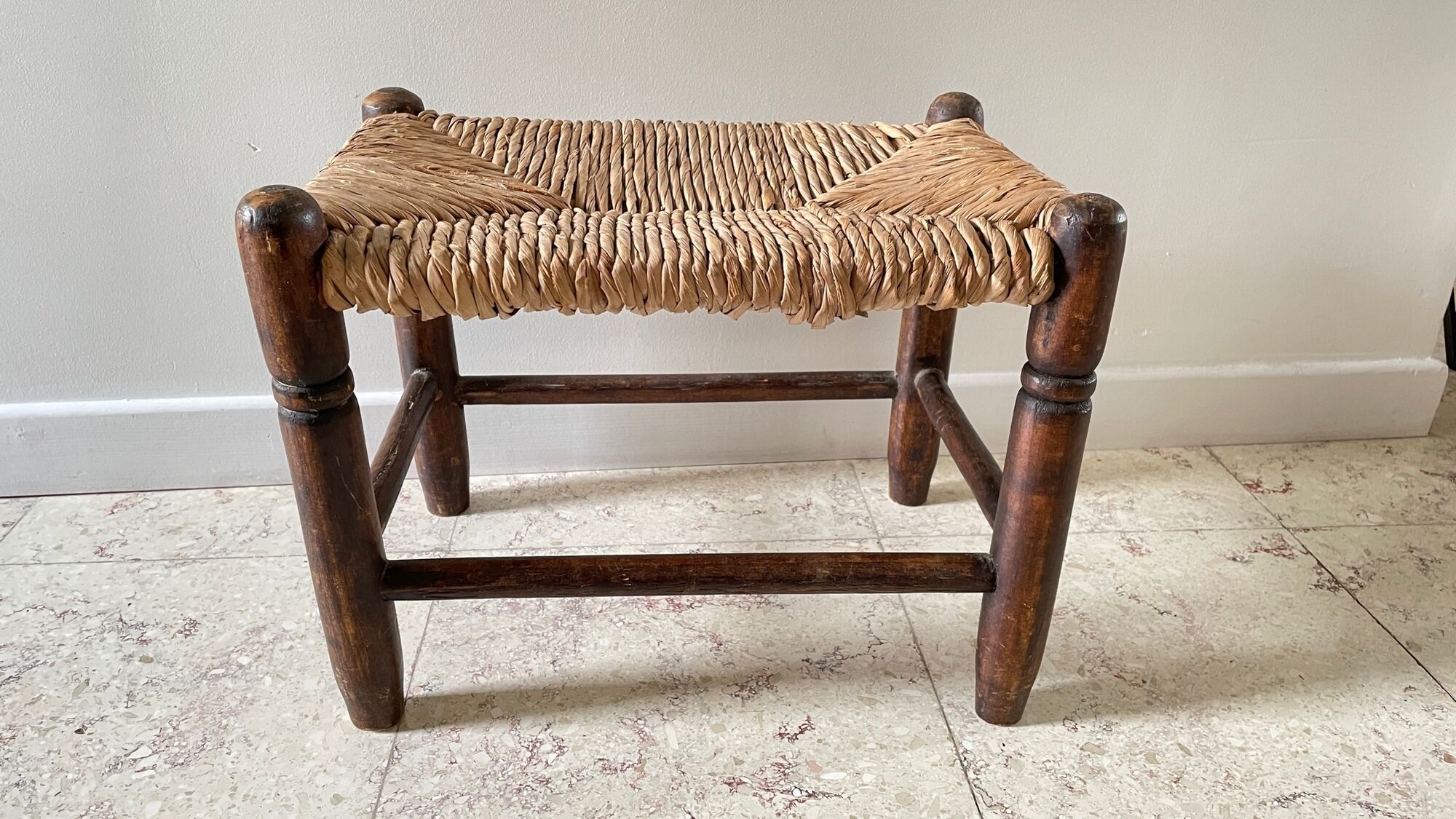Stool bench wood and straw vintage bohemian spirit