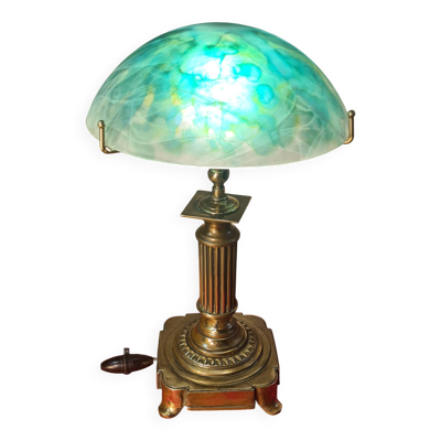 Lampe de bureau 1930 bronze et laiton 39x22 superbe abat jour verre elec ok