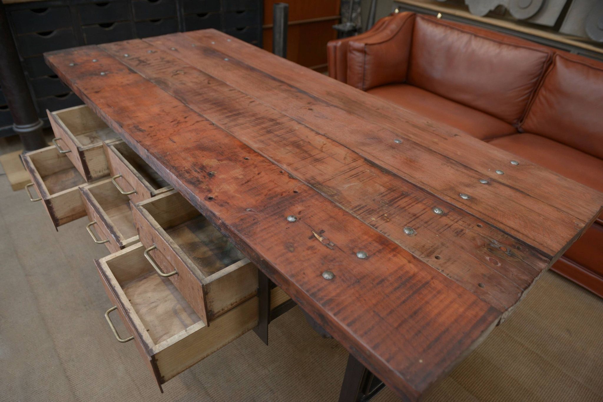 factory workbench in cast iron and wood 1930 with 9 drawers