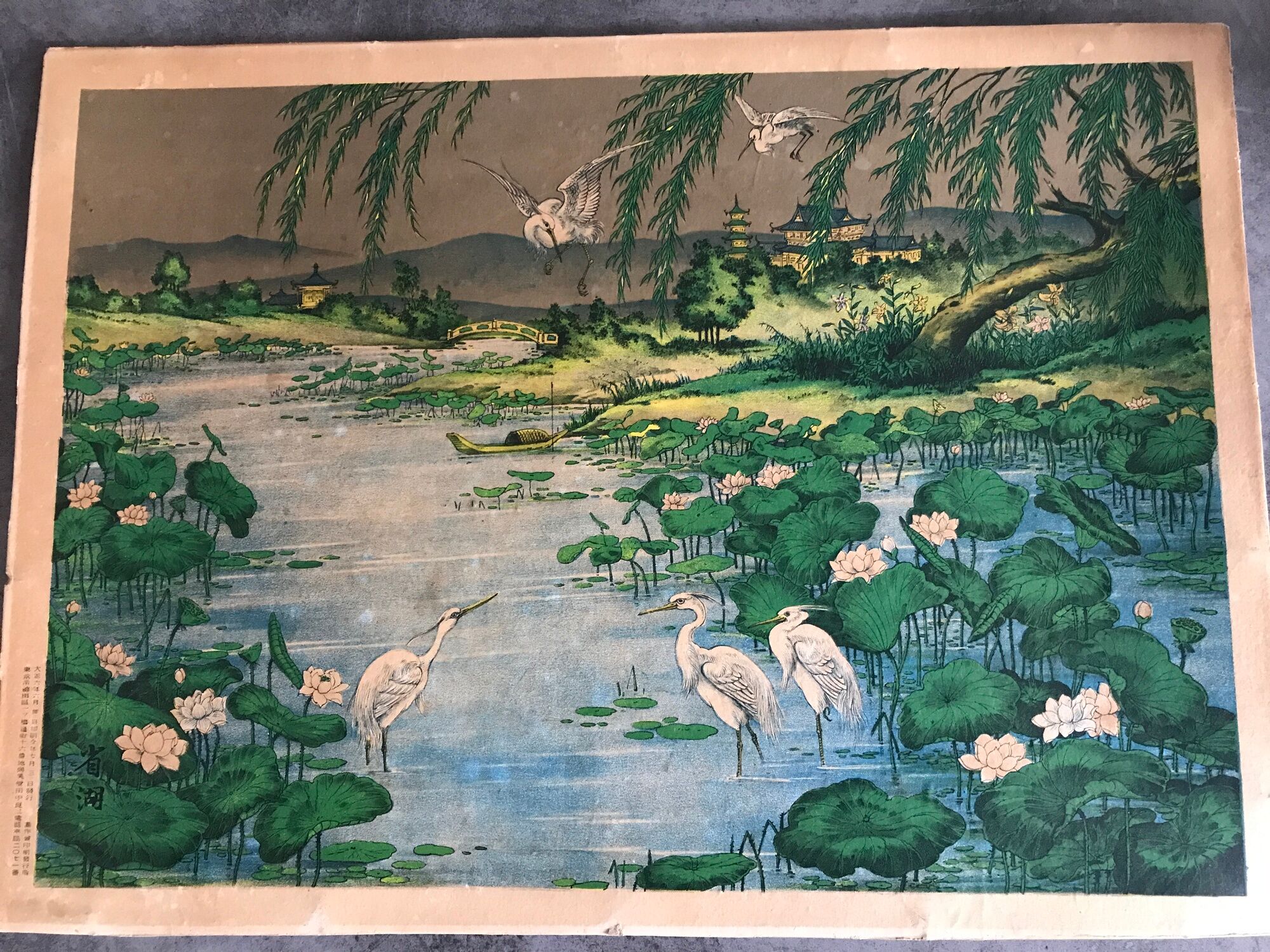 Ancient ESTAMPE of ASIA with Polychrome Decoration of Natural Landscape and Herons, XIXth