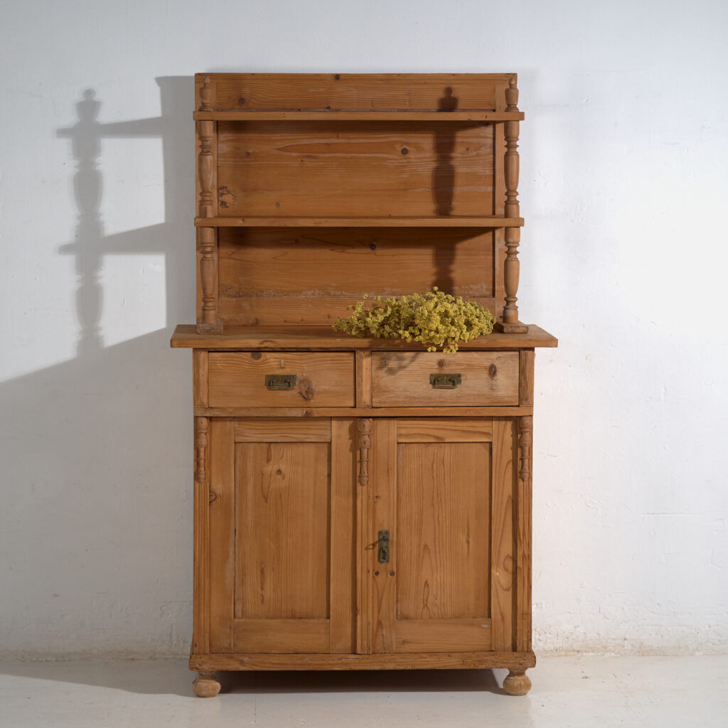 Antique pine dresser – European rustic furniture with shelves – circa 1940