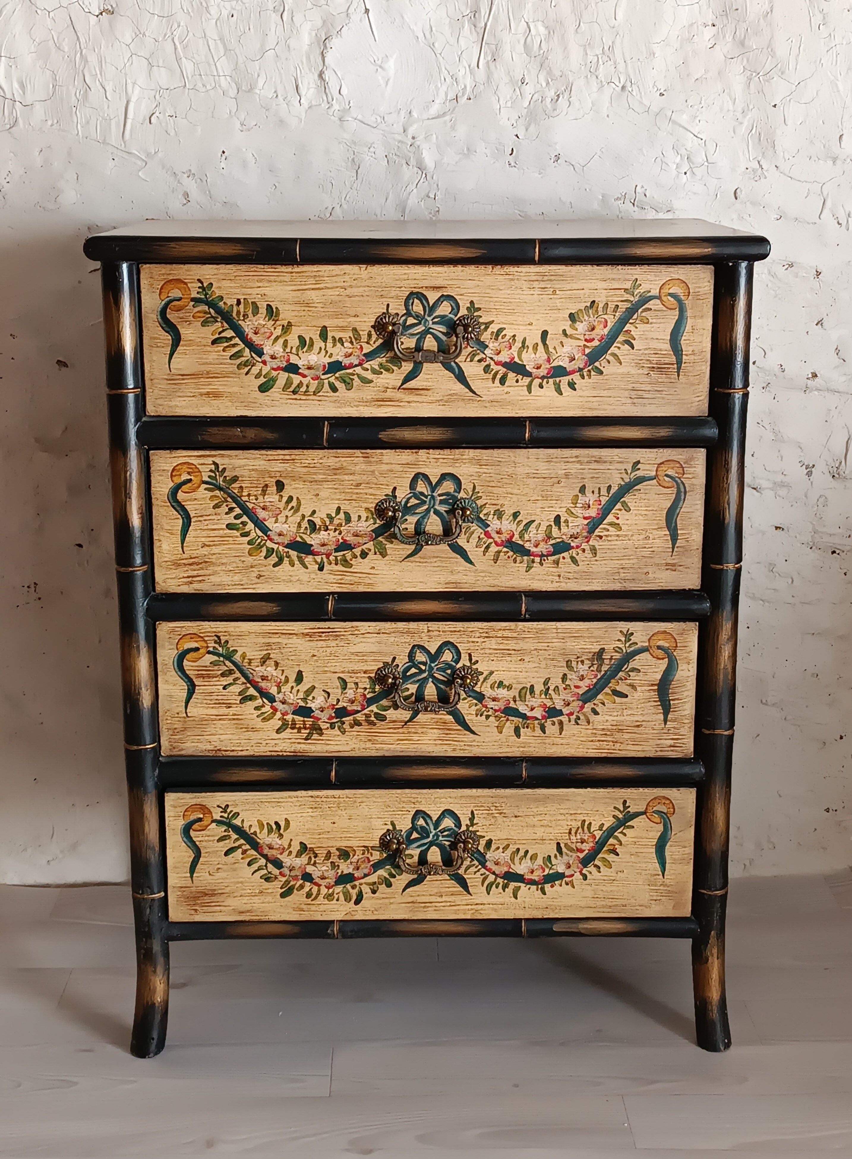 Venetian-style painted wood and bamboo chest of drawers