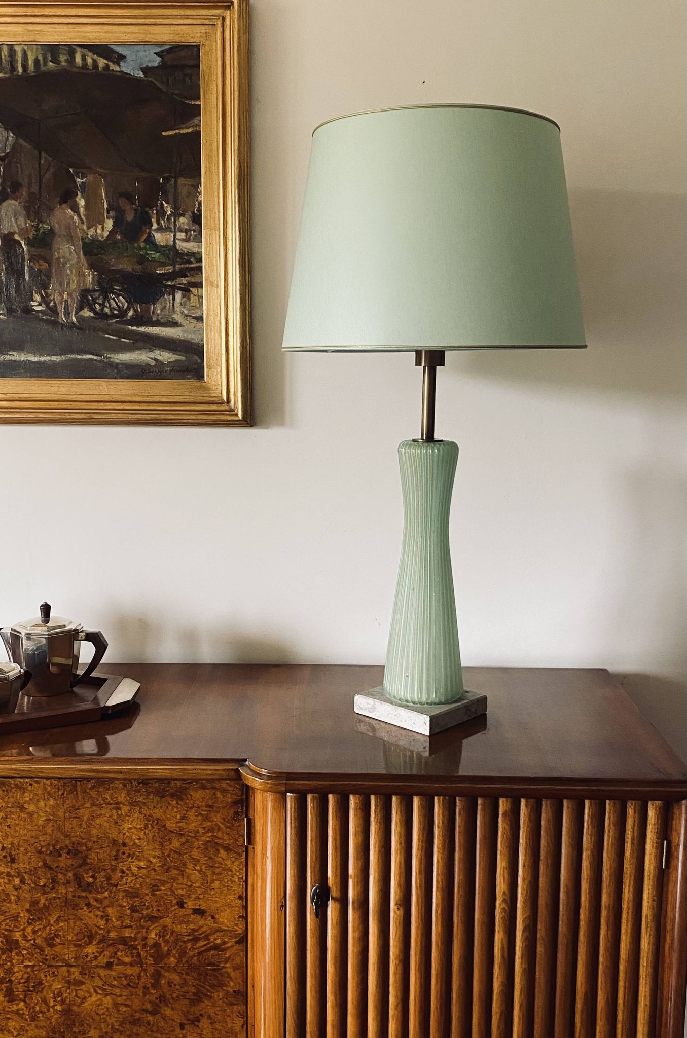 Mid-century modern green Murano glass Table lamp, Barovier & Toso style  Italy, 1940s