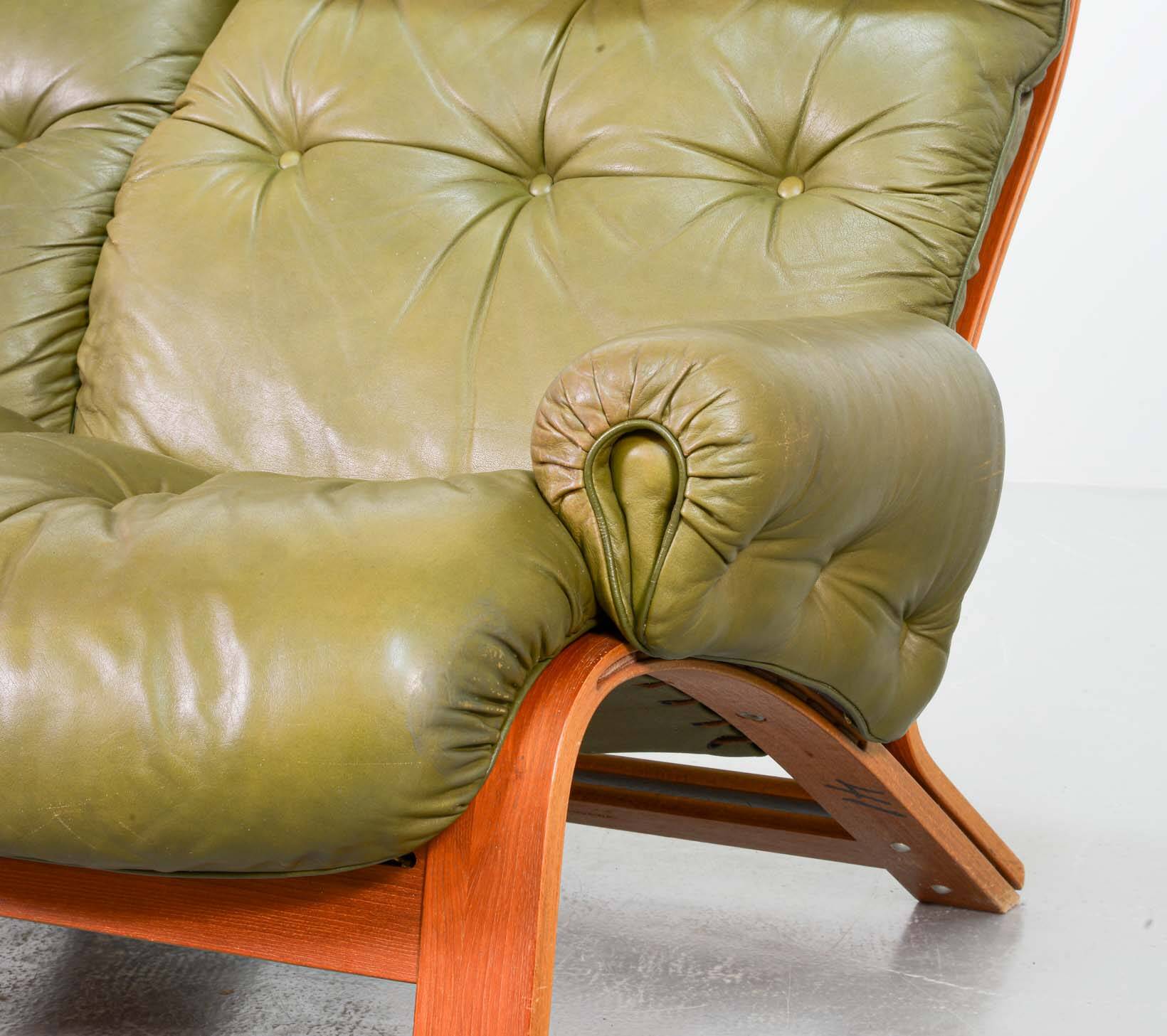Scandinavian Rybo Rykken Olivegreen Leather 2-Seat Ry-Wing Lounge Sofa, 60s