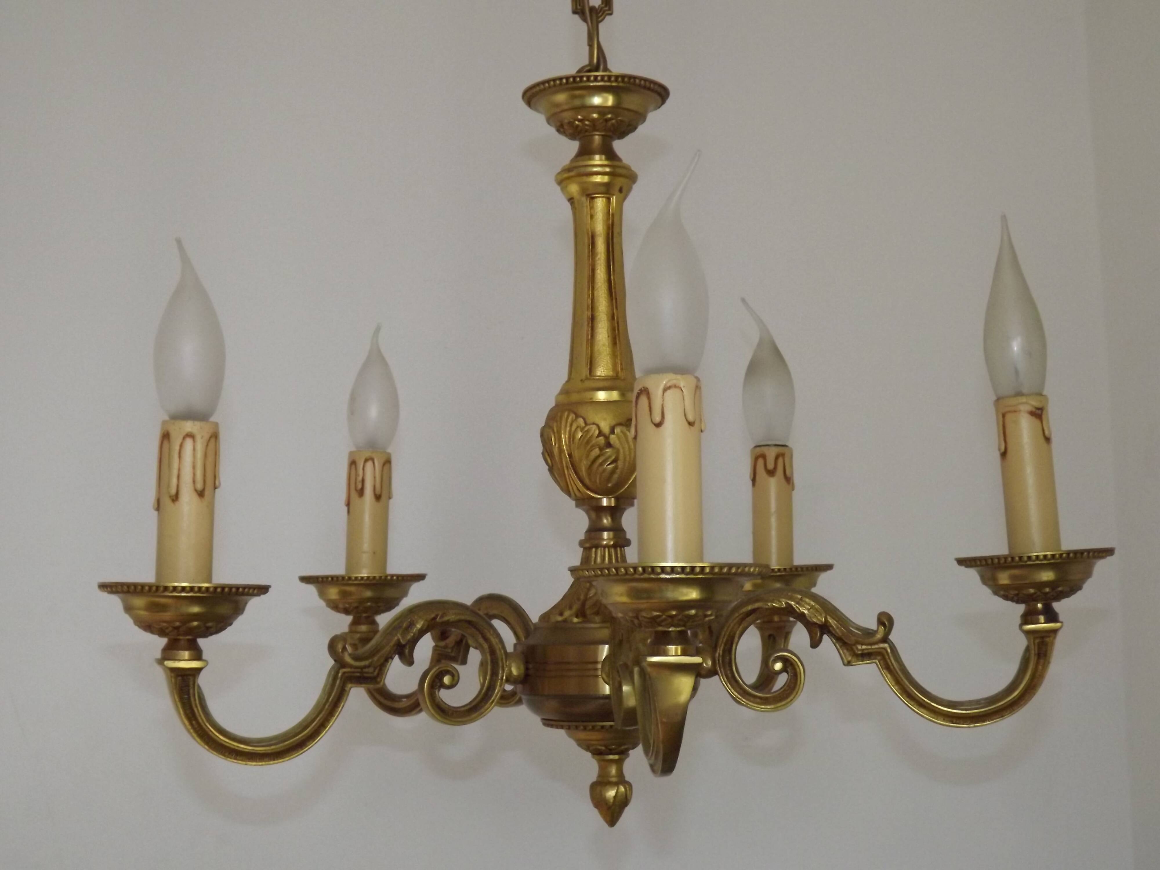 French Vintage Mid-Century Bronze 5-Light Traditional Style Chandelier