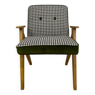 Fauteuil en chêne, velours vert et tissu pied de poule